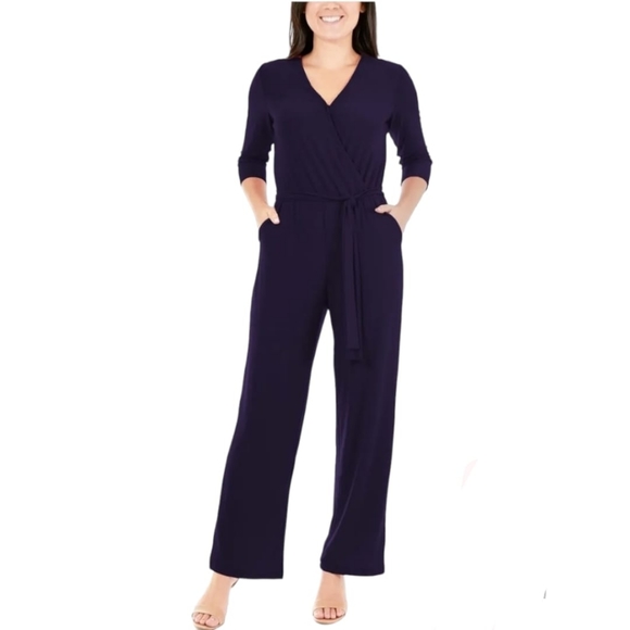 NY Collection Pants - NY Collection Women's Petite Size MP Belted 3/4 Sleeve V-Neck Black Jumpsuit NWT